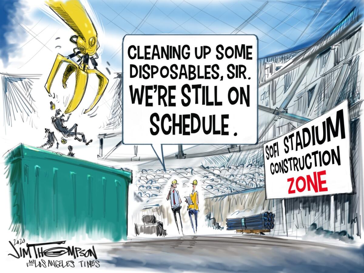 SoFi Stadium construction cartoon.