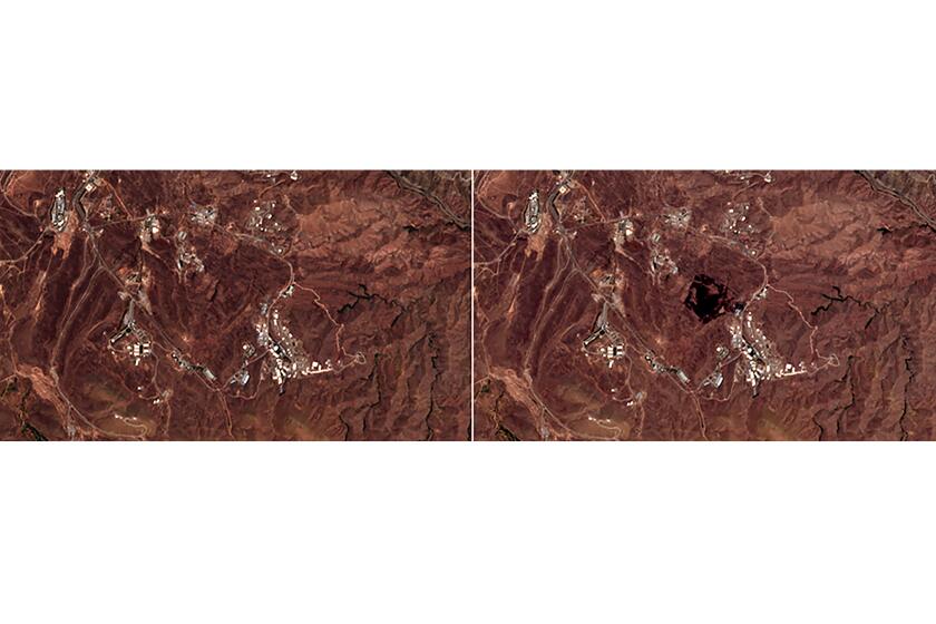 This Friday, June 26, 2020, photo combo from the European Commission's Sentinel-2 satellite shows the site of an explosion, before, left, and after, right, that rattled Iran’s capital. Analysts say the blast came from an area in Tehran’s eastern mountains that hides a underground tunnel system and missile production sites. The explosion appears to have charred hundreds of meters of scrubland. (European Commission via AP)