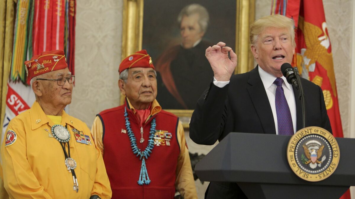 President Trump speaks at a 2017 event honoring the Native American code talkers of World War II. Unbelievably, he hauled out the "Pocahontas" slur during the ceremony.