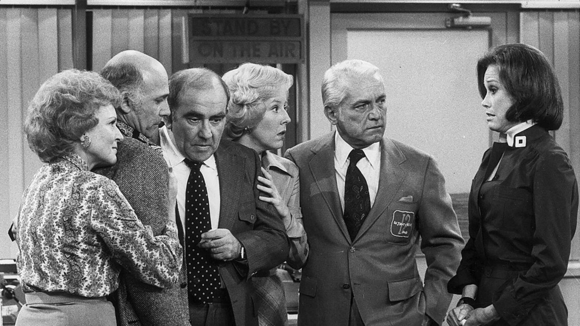 Betty White, Gavin MacLeod, Ed Asner, Georgia Engel, Ted Knight and Mary Tyler Moore in "The Mary Tyler Moore Show."
