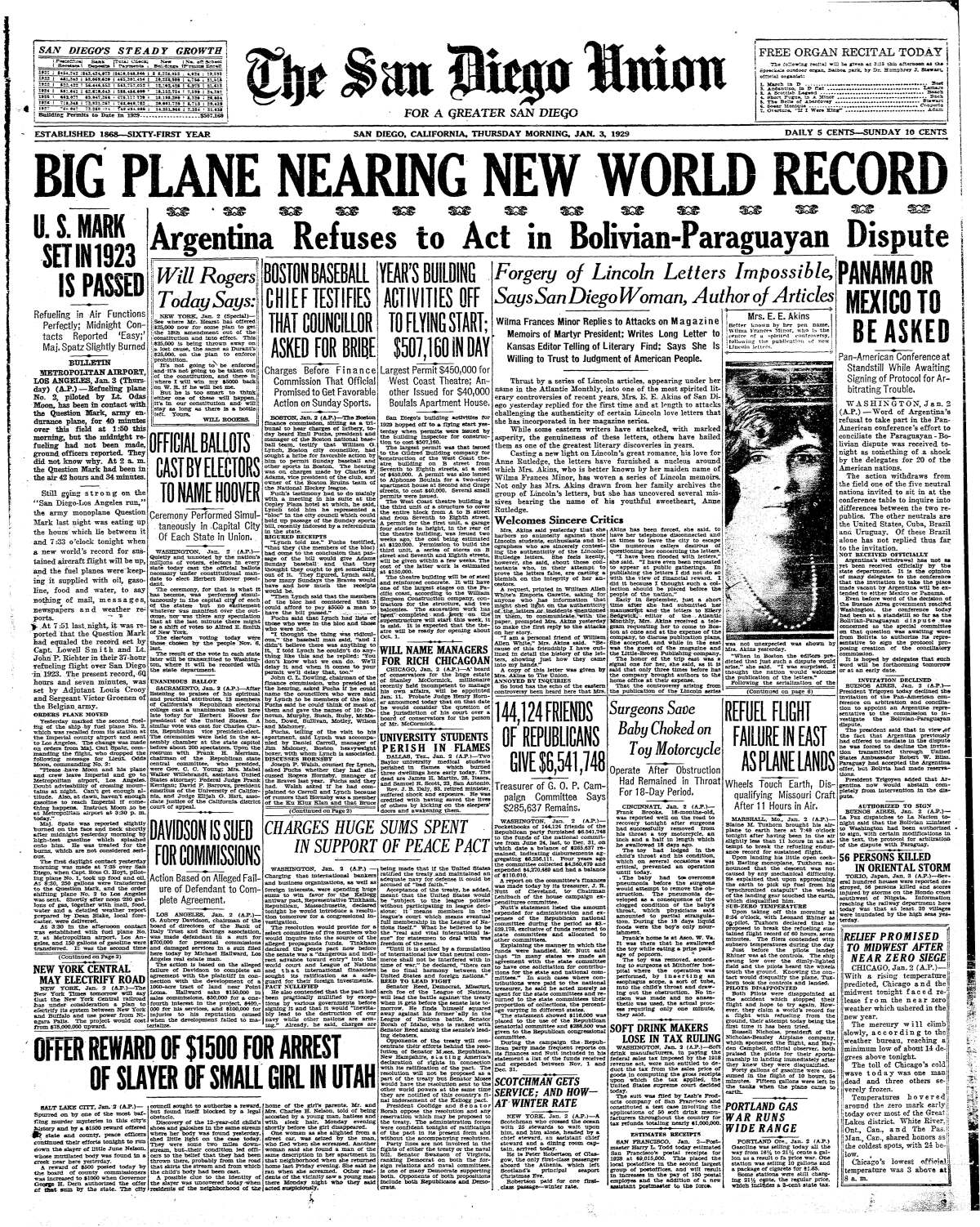 Jan. 3, 1929 San Diego Union front page.