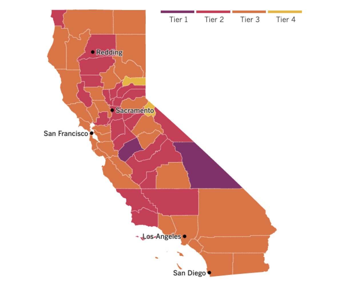 California reopening map showing 12 more counties in orange tier, including San Diego, Ventura, San Bernardino and Riverside.