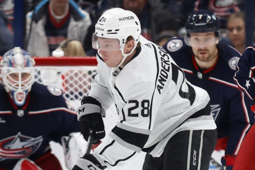 Los Angeles Kings forward Jaret Anderson-Dolan (28) controls the puck in front of Columbus Blue Jackets.