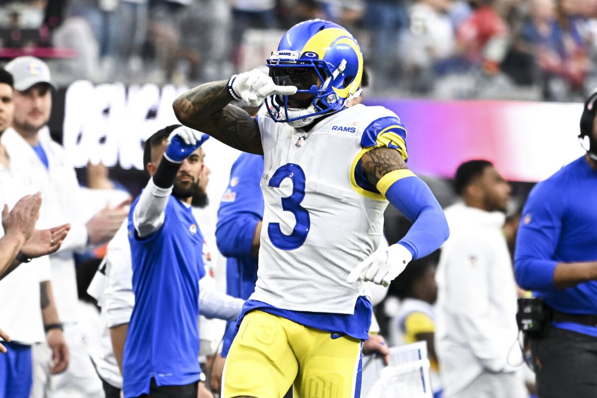 Rams wide receiver Odell Beckham Jr. celebrates a reception in the second quarter.