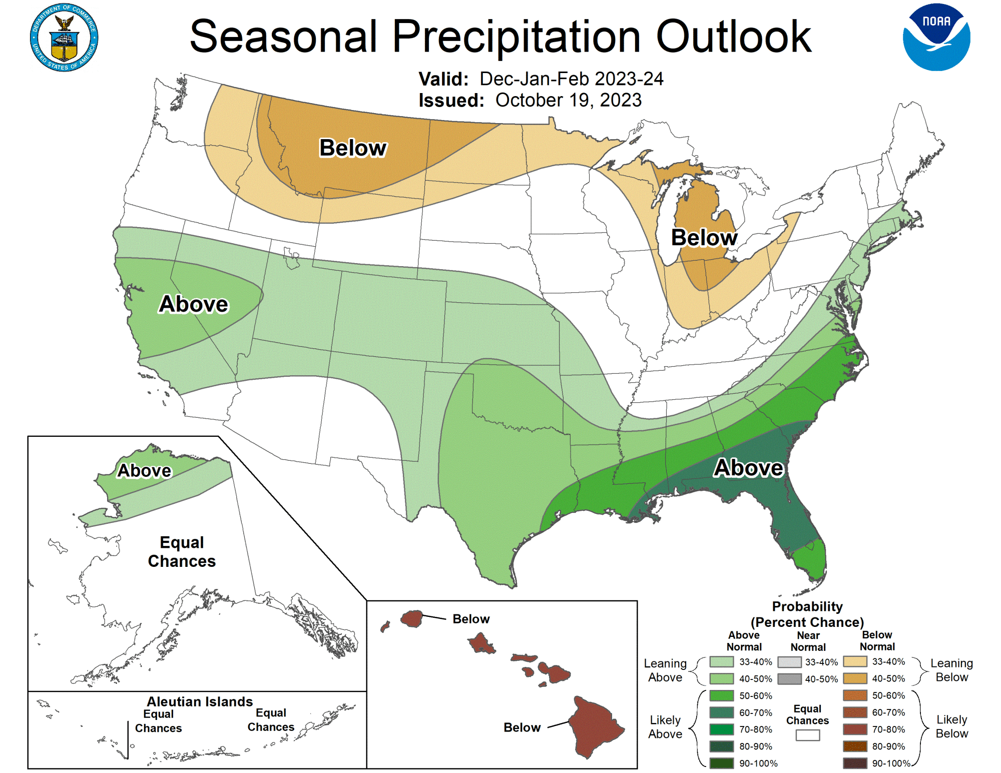 Map showing likelihood of wetter-than-average conditions across much of California and other parts of the country.