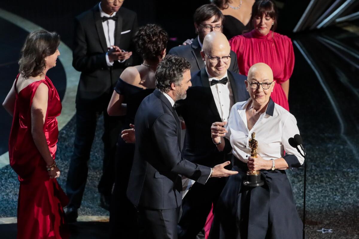 Julia Reichert and Steven Bognar, winners of the documentary feature Oscar for “American Factory,” speak during the telecast of the 92nd Academy Awards on Sunday, February 9, 2020.