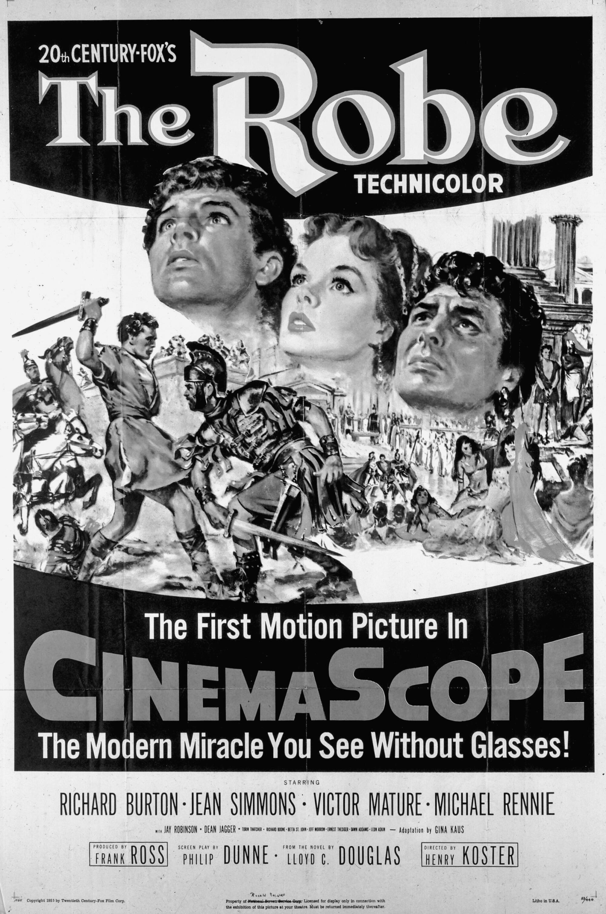 A movie poster featuring various actors for the 1953 black-and-white movie "The Robe."