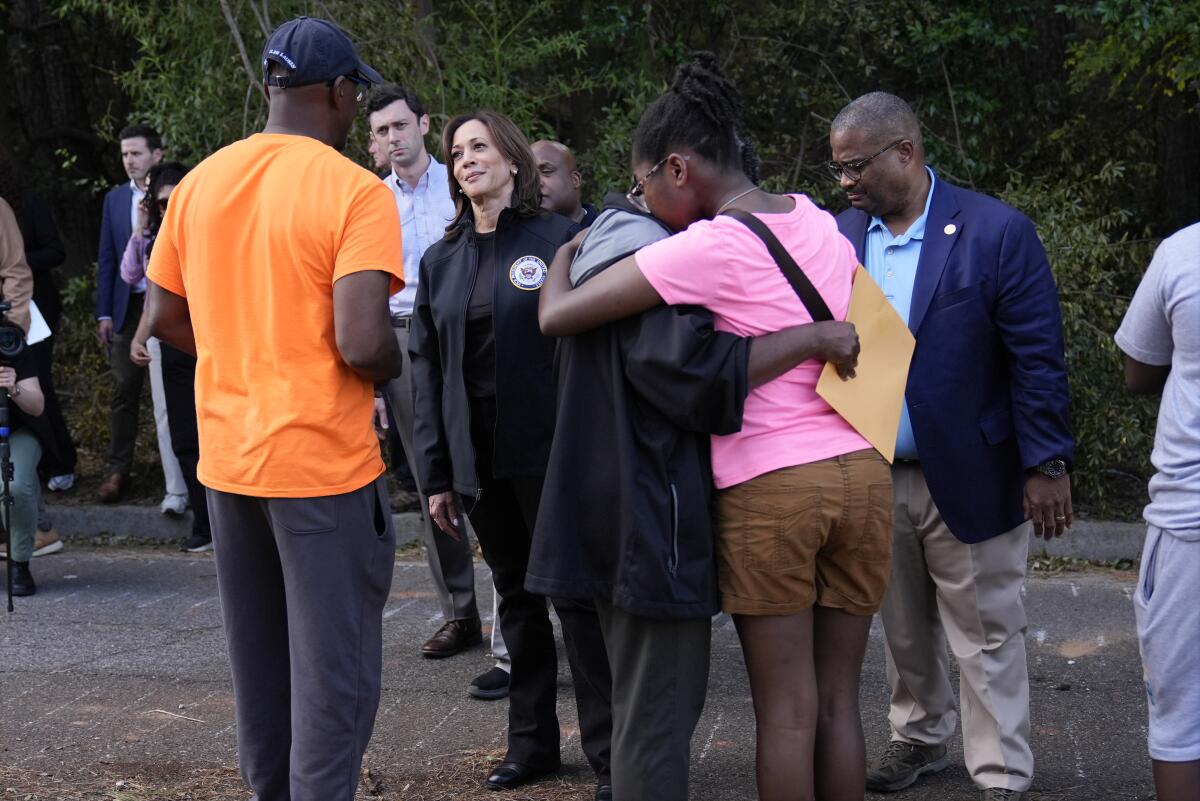 Vice President Kamala Harris greets people who were affected by Hurricane Helene