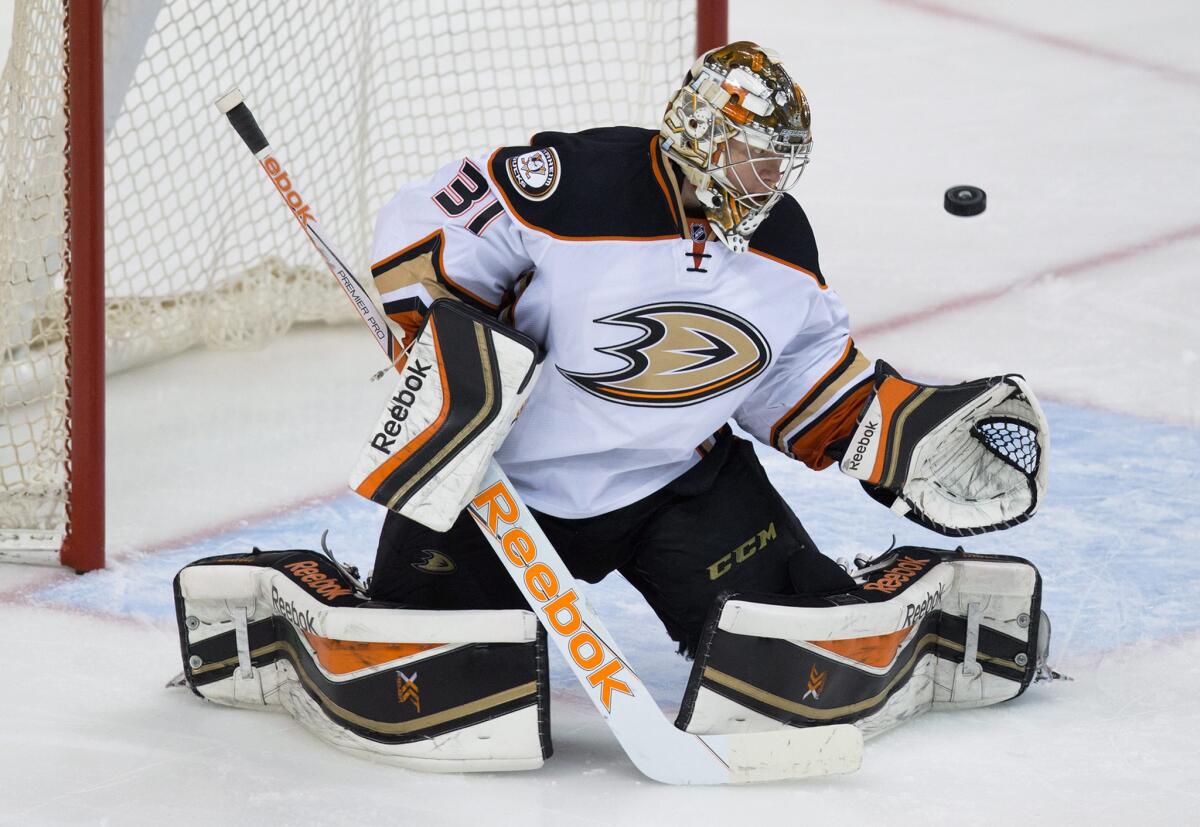 Ducks goalie Frederik Andersen made 17 saves in a shutout victory over the Vancouver Canucks on Jan. 27.