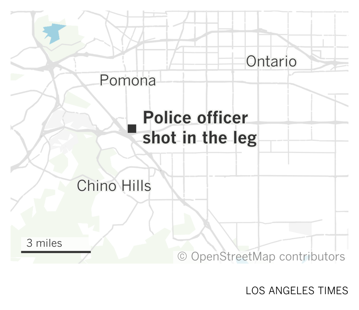 A map of eastern L.A. County and San Bernardino County showing where a police officer was shot in the leg in Pomona