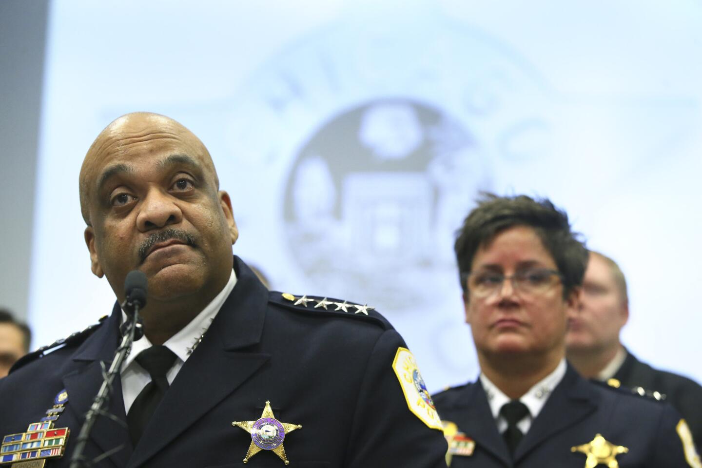 Chicago police Superintendent Eddie Johnson speaks about the details of the arrest and charges of Jussie Smollett at Chicago police headquarters on Feb. 21, 2019. Pictured on the right is chief of detectives, Melissa Staples.