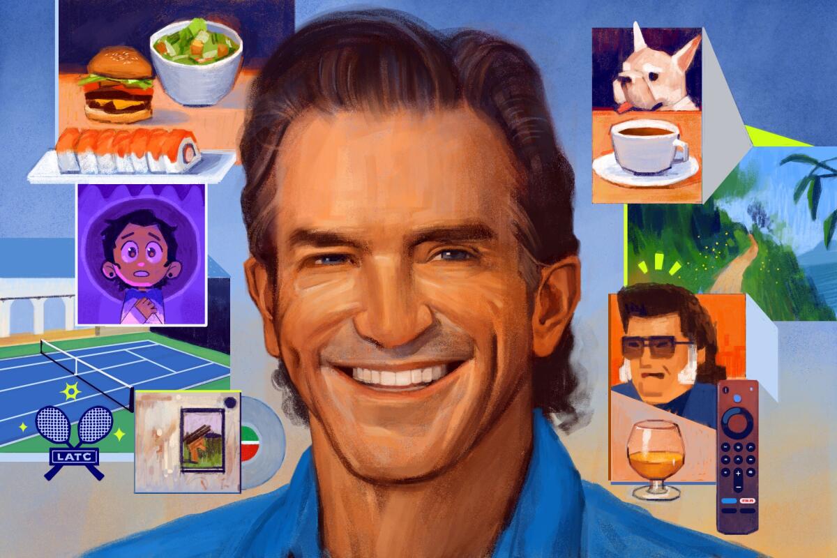 Illustration of Jeff Probst surrounded by a tennis court, sushi, dog, cup of coffee, remote control and hiking trail.