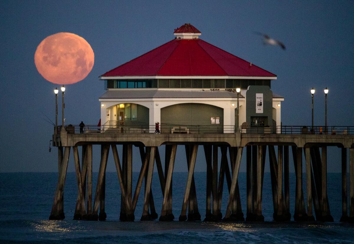 A full moon rises over Huntington Beach Pier at dawn. 