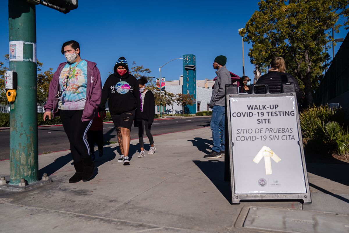 People wait in a long line to get tested for Covid-19 at the City Heights Recreation Center, on January 3, 2022.