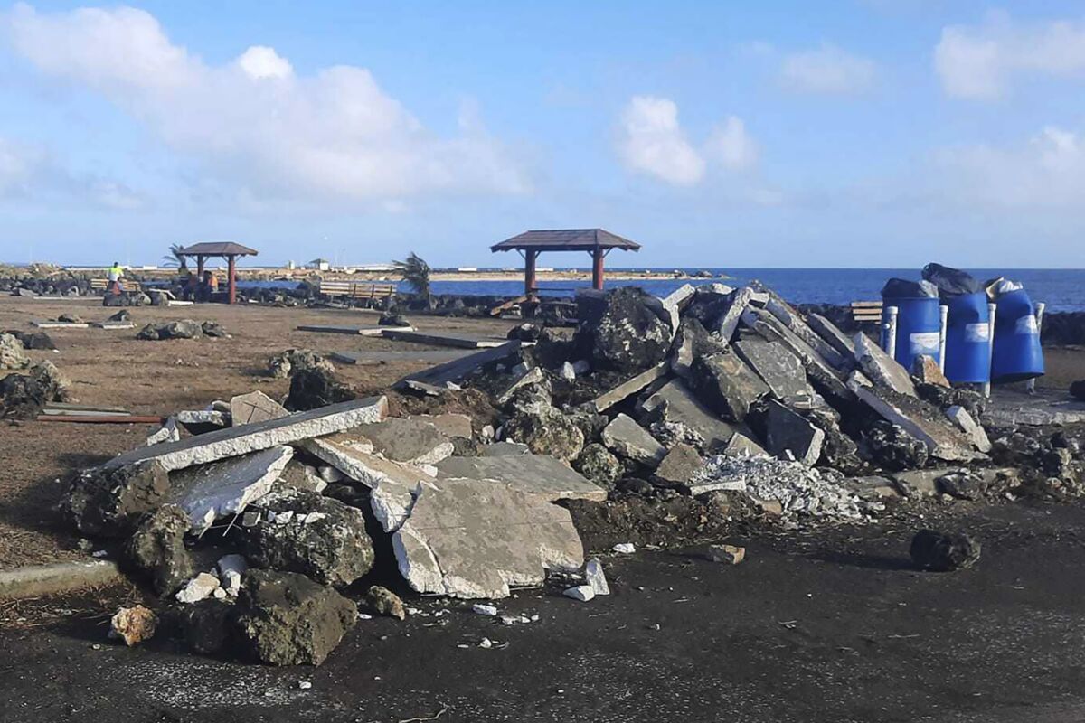 Shattered concrete in Tonga after Saturday's eruption and tsunami.