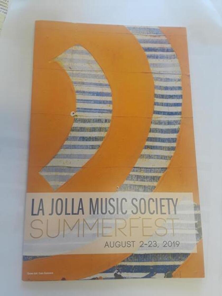 The cover of the SummerFest 2019 brochure features the art of Caio Fonseca, a contemporary American painter whose pieces depict curvilinear shapes that evoke piano lids, quarter notes, and the bodies of violins and violas.  Some works will be exhibited during the concert on August 15, 2019.