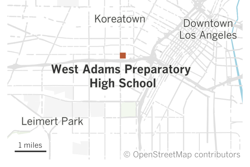 A map of central Los Angeles shows the location of West Adams Preparatory Senior High School in Pico-Union