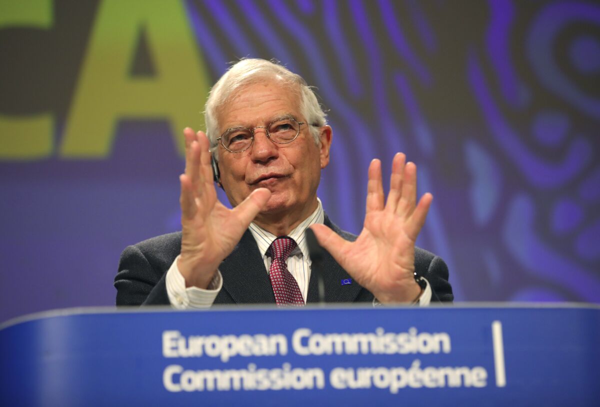 European Union foreign policy chief Josep Borrell speaks during a media conference regarding a strategy for Africa at EU headquarters in Brussels, Monday, March 9, 2020. (AP Photo/Olivier Matthys)