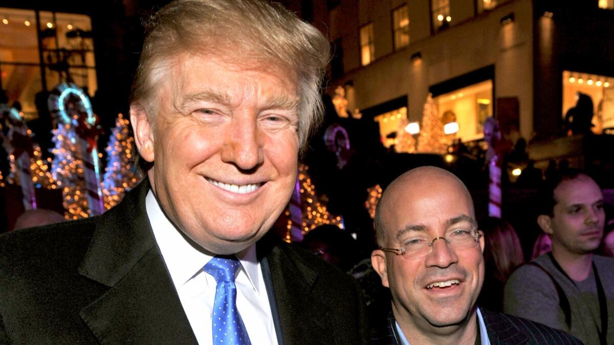 Chums no more: Then-private citizen Donald Trump and CNN boss Jeff Zucker, right, hobnobbed at the 2010 tree lighting at Rockefeller Center. Now President Trump has Zucker's CNN in his crosshairs.