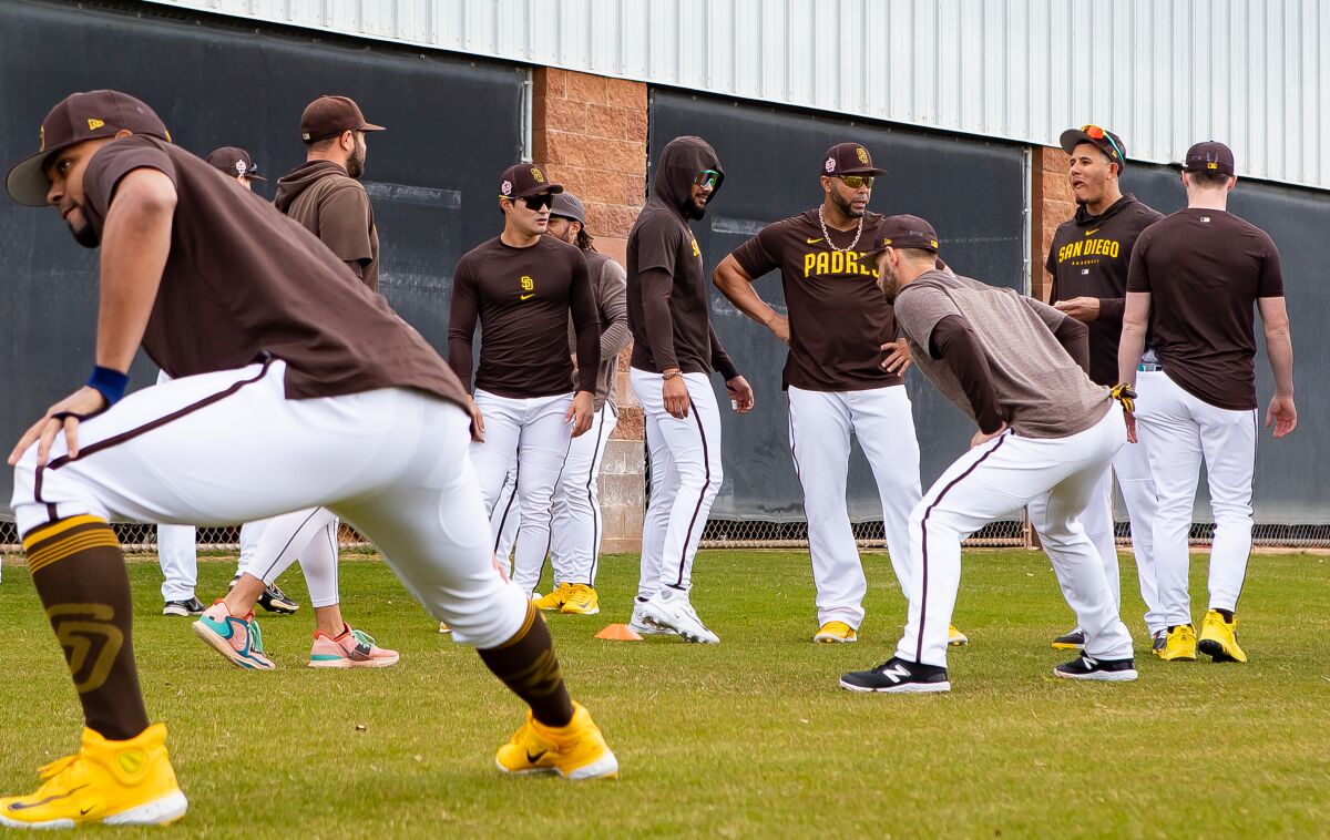 Padres players stretch before the first full-squad workout Tuesday.