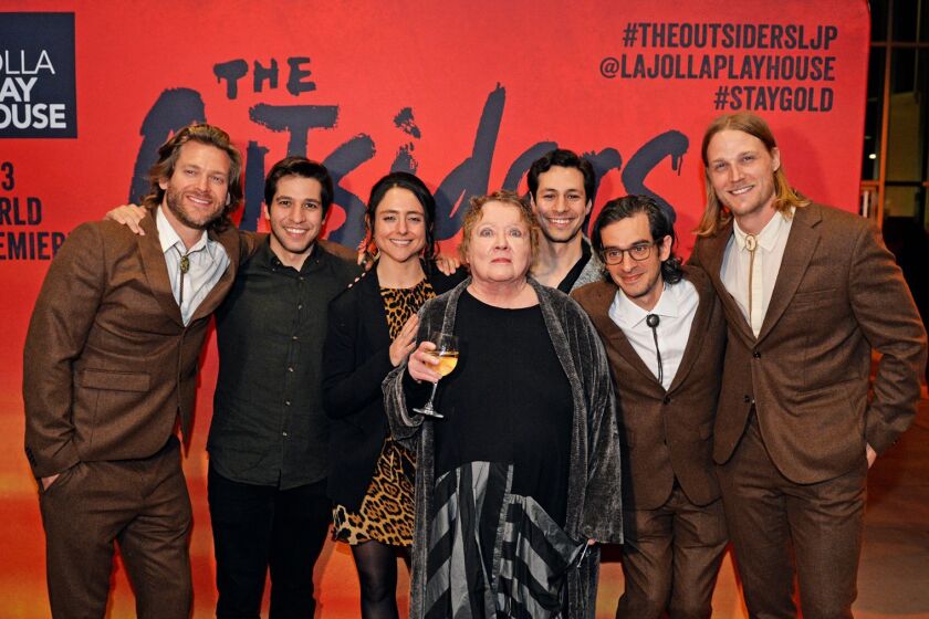 S.E. Hiton, front and center, with the creative team for "The Outsiders" at La Jolla Playhouse, from left: Jonathan Clay, Jeff Kuperman, Danya Taymor, Rick Kuperman, Justin Levine and Zach Chance.