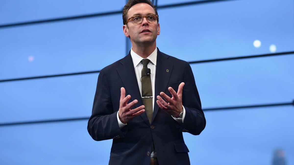 21st Century Fox CEO James Murdoch speaks at an event at Lincoln Center on April 19, 2017, in New York City. Glass Lewis & Co. is recommending he not be reelected to the board of electric carmaker Tesla Inc.