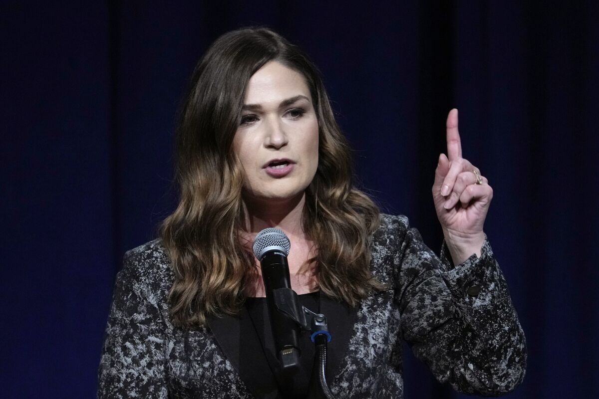 Former U.S. Rep. Abby Finkenauer speaks during the Iowa Democratic Party's Liberty and Justice Celebration, Saturday, April 30, 2022, in Des Moines, Iowa. (AP Photo/Charlie Neibergall)