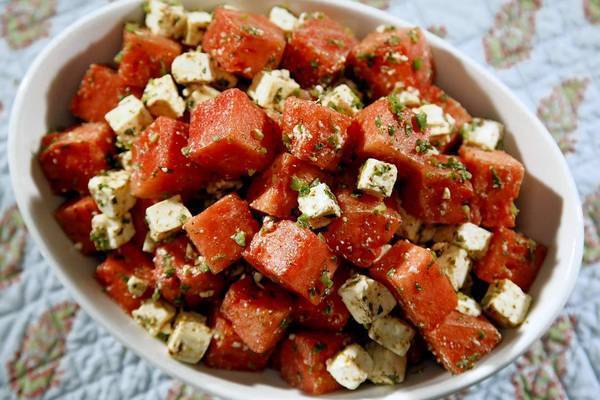 Watermelon salad with feta, mint and cumin-lime dressing