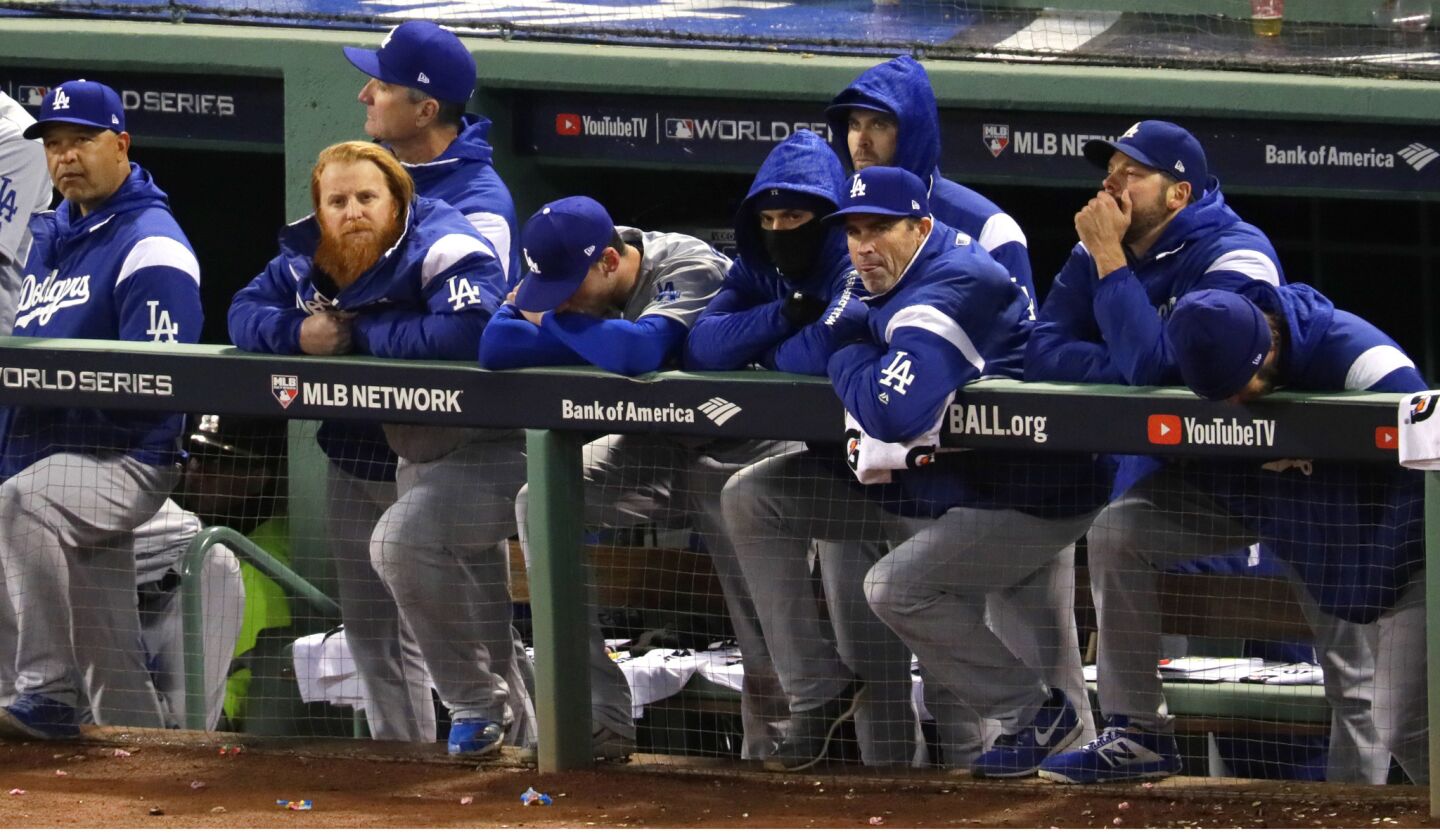 Dodgers players at the end of game two of the World Series against the Red Sox at Fenway Park.