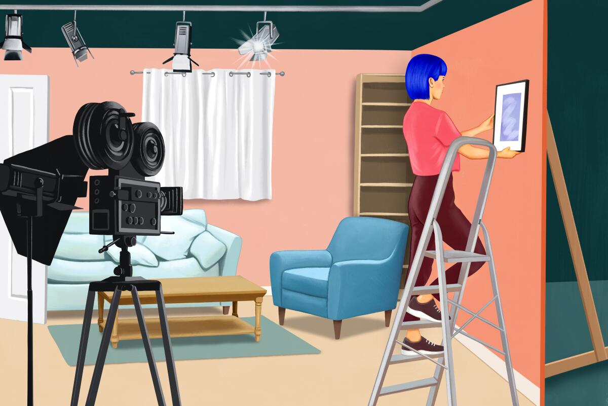 Illustration shows a woman on a ladder hanging a picture on a film set, with lights and a movie camera