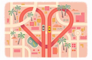 Ilustrație cu două mașini pe o autostradă în formă de inimă care traversează Los Angeles