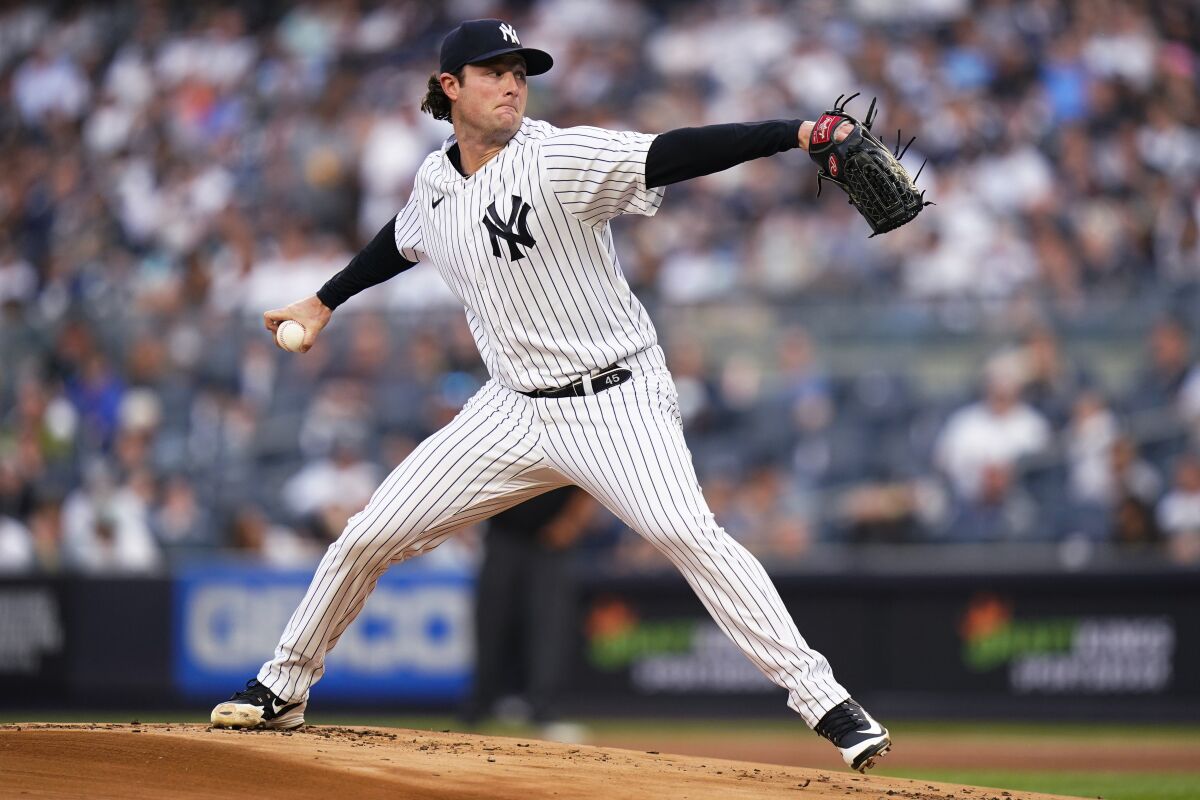 New York Yankees' Gerrit Cole pitches during the first inning of the team's baseball game against the Detroit Tigers on Friday, June 3, 2022, in New York. (AP Photo/Frank Franklin II)