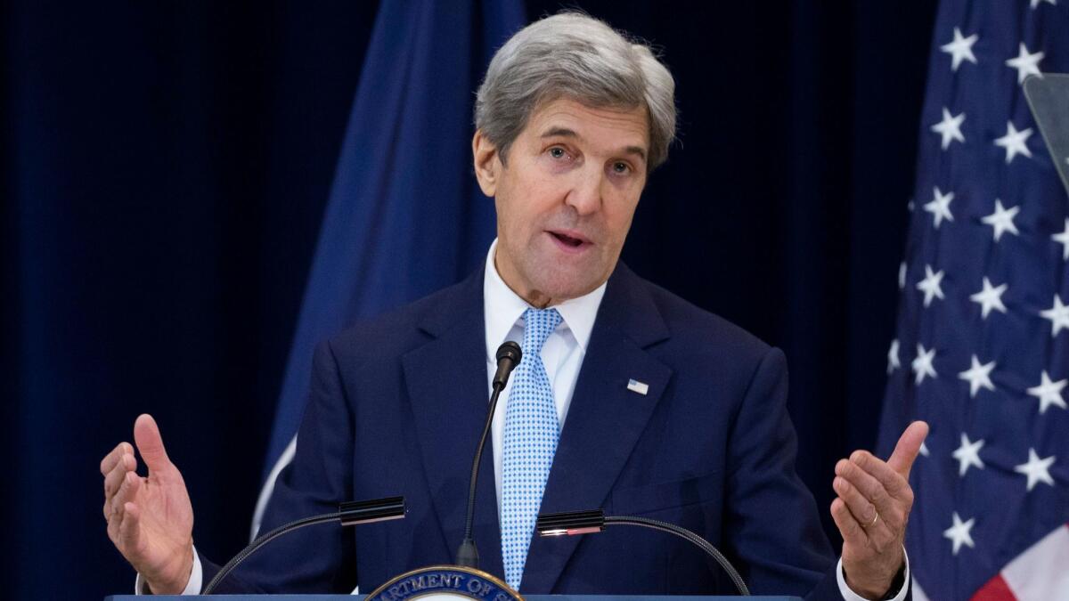 Secretary of State John Kerry delivers remarks outlining the Obama administration’s vision for a Middle East peace deal at the State Department in Washington on Wednesday.