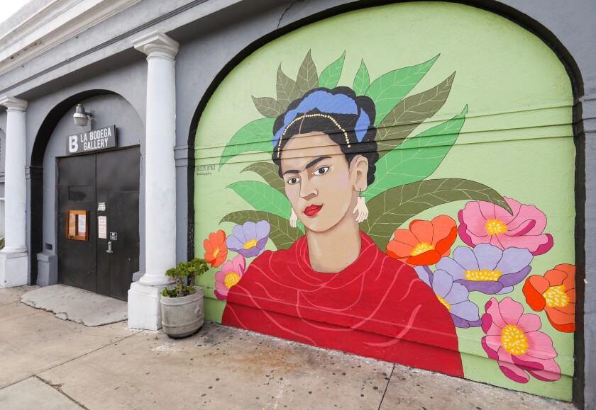 A mural of Frida Kahlo on the front of La Bodega Gallery in San Diego's Barrio Logan 