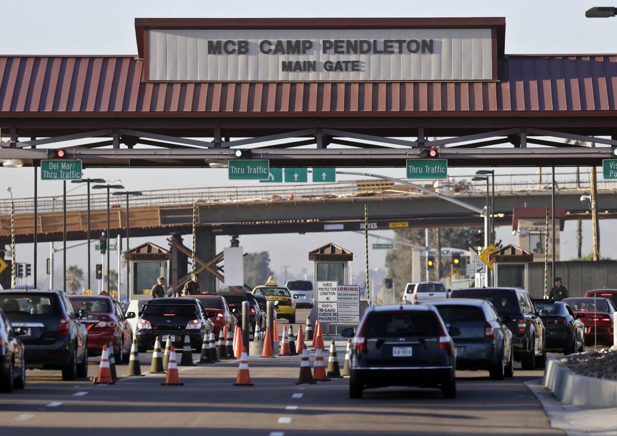 The main gate of Camp Pendleton Marine Base in California.