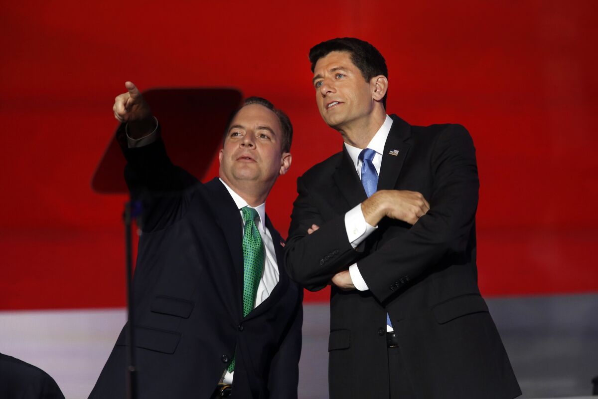 Republican National Committee Chairman Reince Priebus, left, and House Speaker Paul D. Ryan both argue that the email controversy shows Hillary Clinton is unfit for office, regardless of the FBI's decision.