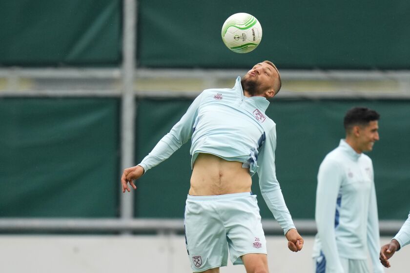 West Ham's Tomas Soucek controls the ball during a training session in Prague, Czech Republic, Tuesday, June 6, 2023. The Conference League final match between West Ham and Fiorentina is held in Prague on June 7, 2023.(AP Photo/Petr David Josek)