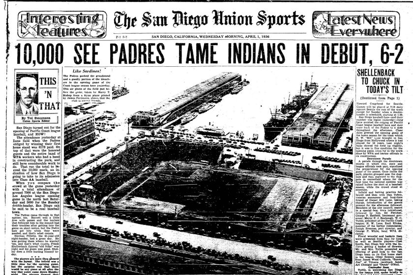 "10,000 SEE PADRES TAME INDIANS IN DEBUT, 6-2," by Ted Steinmann, from The San Diego Union, Wednesday, April 1, 1936.