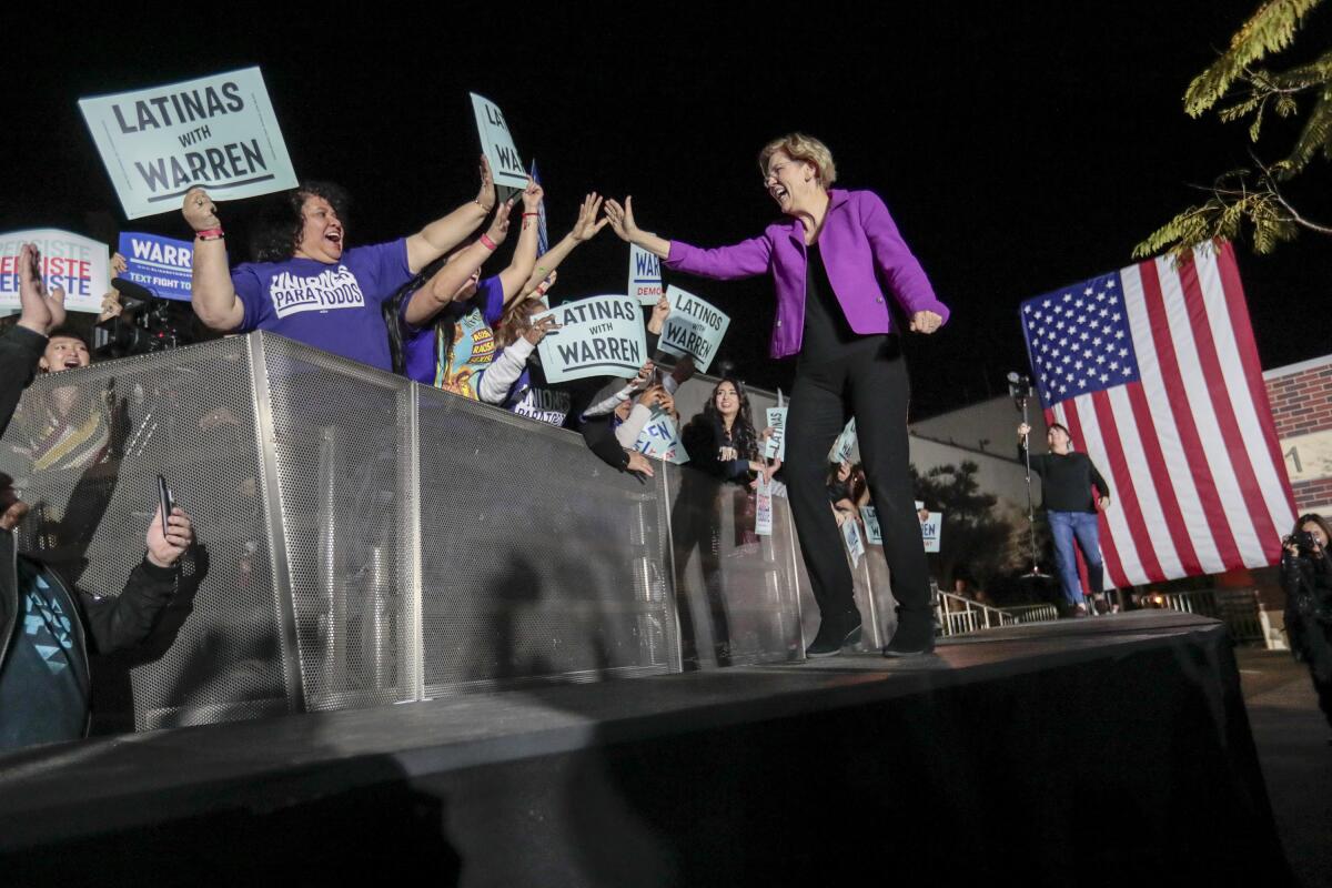 Democratic Presidential hopeful, Senator Elizabeth Warren takes the stage at a campaign rally at East LA College ahead of the Super Tuesday primary.