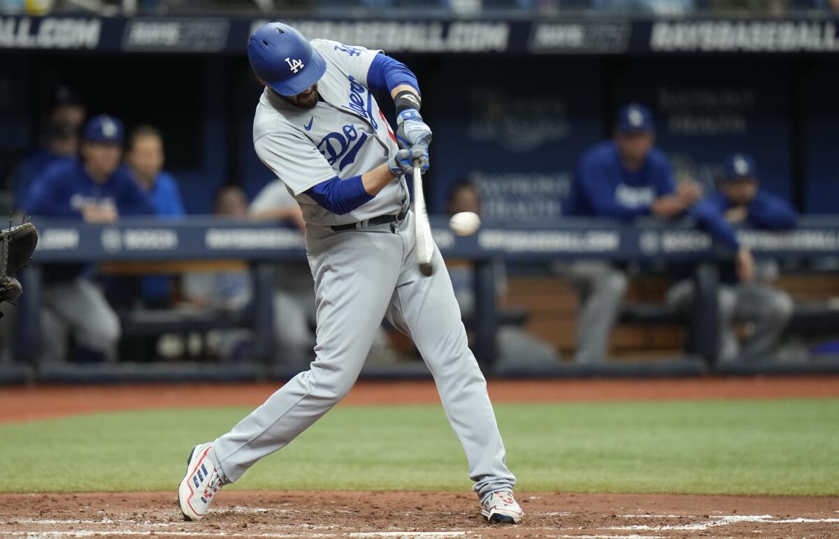 J.D. Martinez hits a double for the Dodgers in the fourth inning.