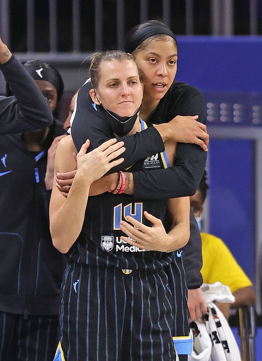 The Chicago Sky's Candace Parker hugs teammate Allie Quigley at the end of Game 3 of the WNBA Finals