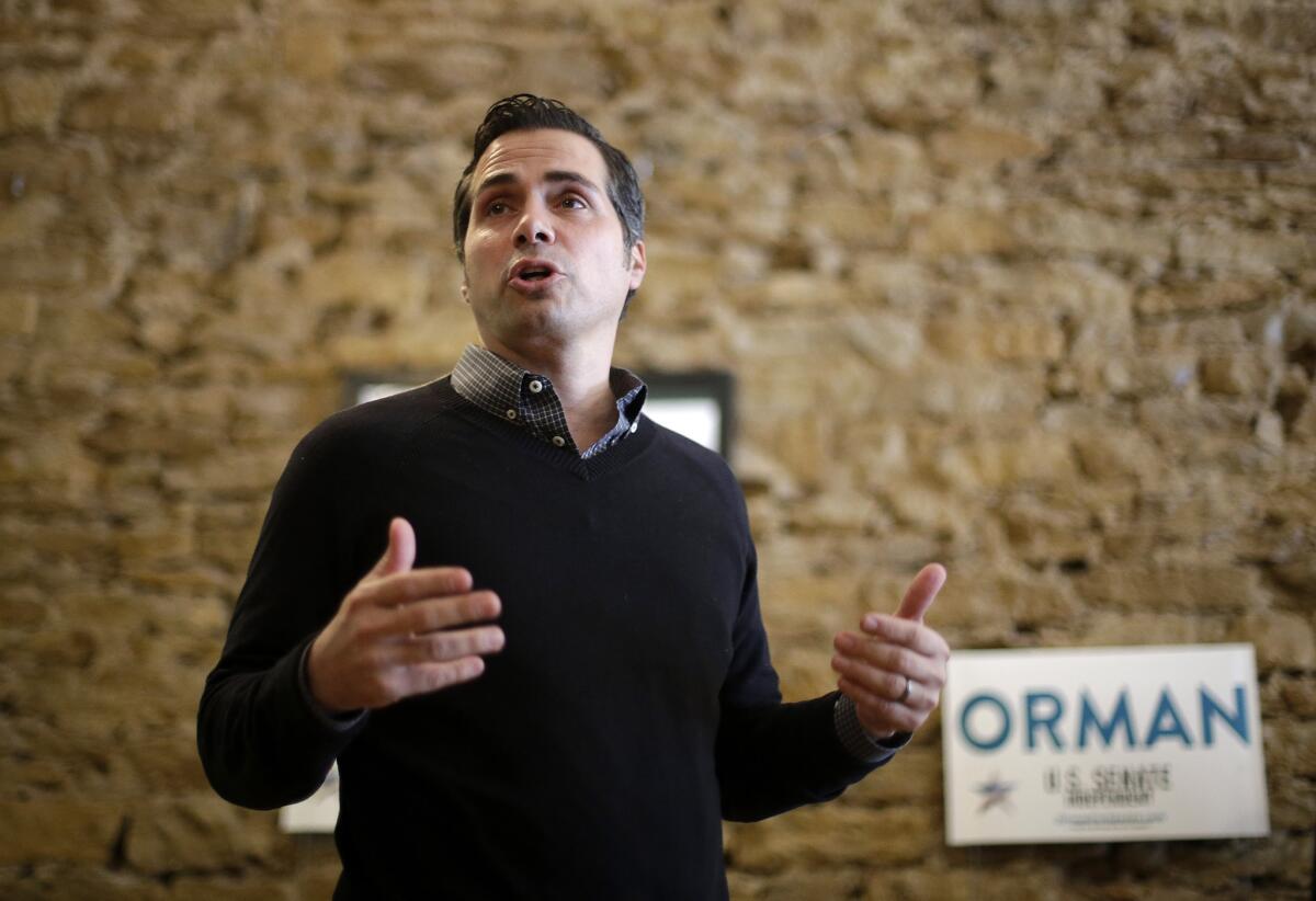 Greg Orman, an independent candidate for U.S. Senate in Kansas, shown at a recent campaign event, is running against Republican incumbent Sen. Pat Roberts.