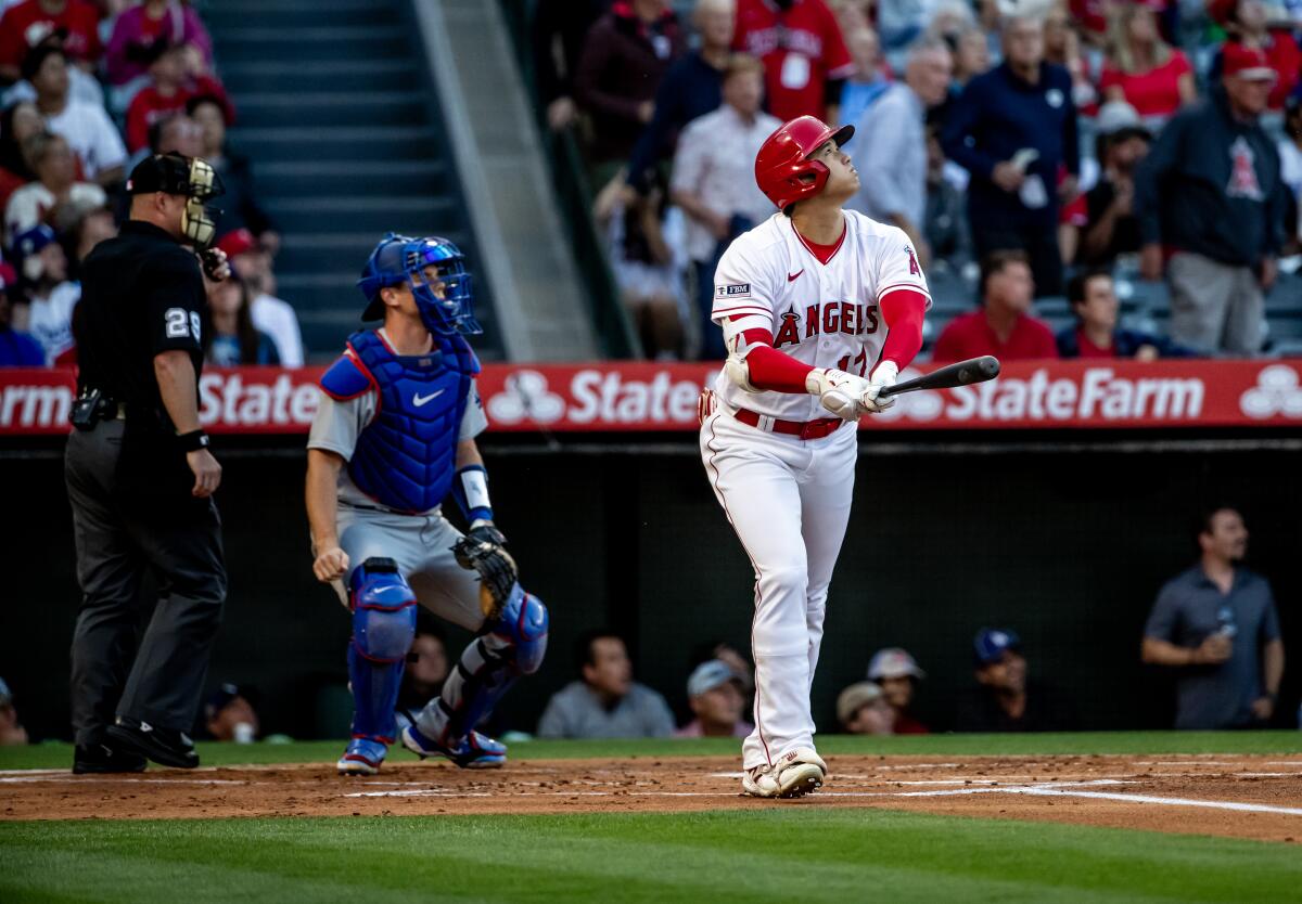 Angels starting pitcher Shohei Ohtani flies out in his first at-bat against the Dodgers.