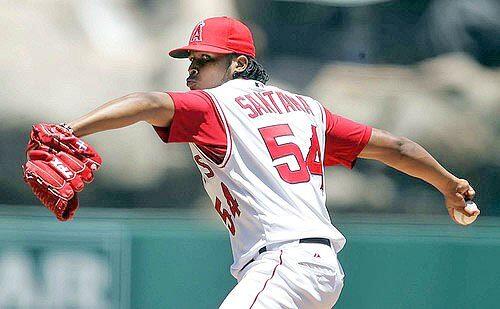 Los Angeles Angels' Ervin Santana pitches against the San Diego Padres.