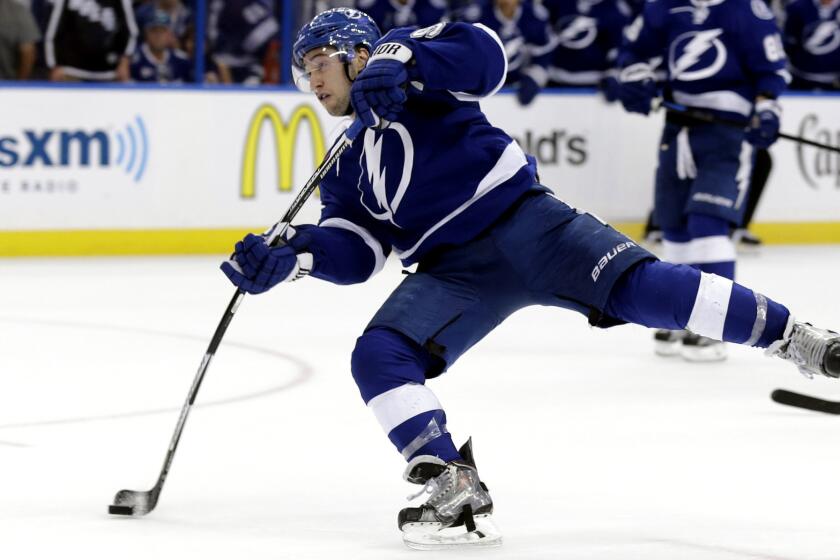 Lightning center Tyler Johnson unleashes a shot for a goal against the Red Wings in the second period Saturday.