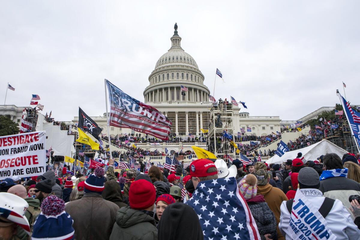 A crowd with signs and flags in front of the U.S. Capitol building. 