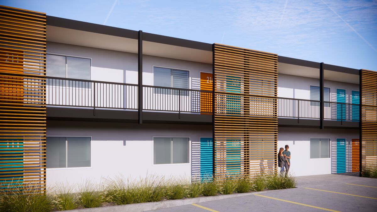 A rendering of a permanent supportive housing complex being built on Costa Mesa's Newport Boulevard.
