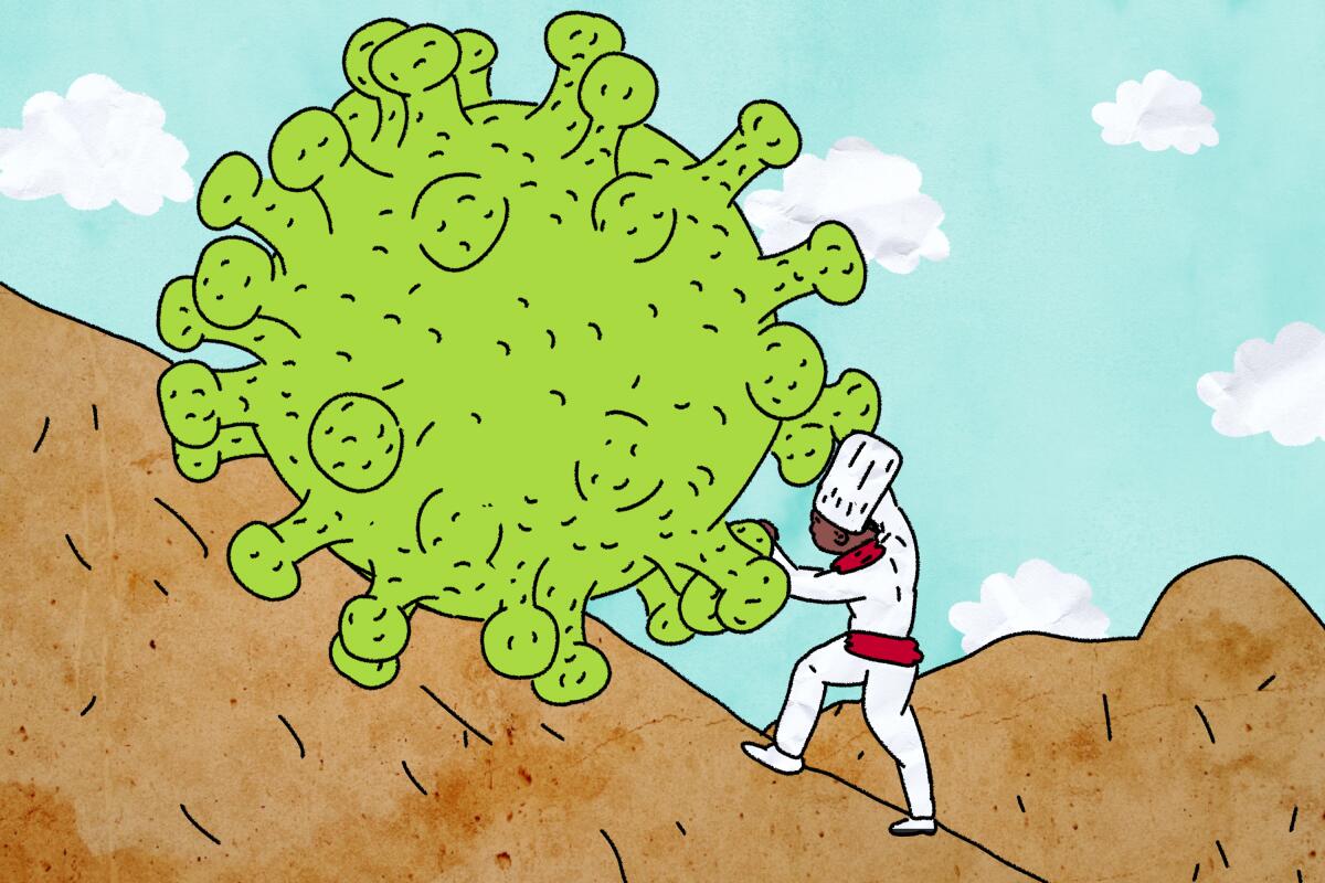 An illustration of a chef rolling a large boulder-like COVID virus up a hill.