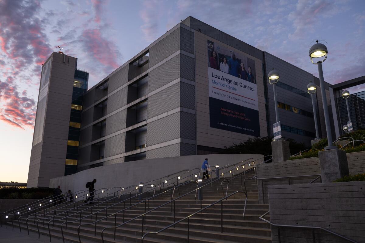 Los Angeles General Medical Center's main campus at dusk.