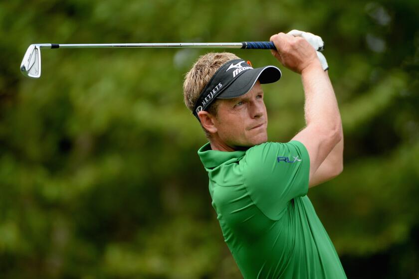 Luke Donald tees off during the Deutsche Bank Championship on Aug. 31.